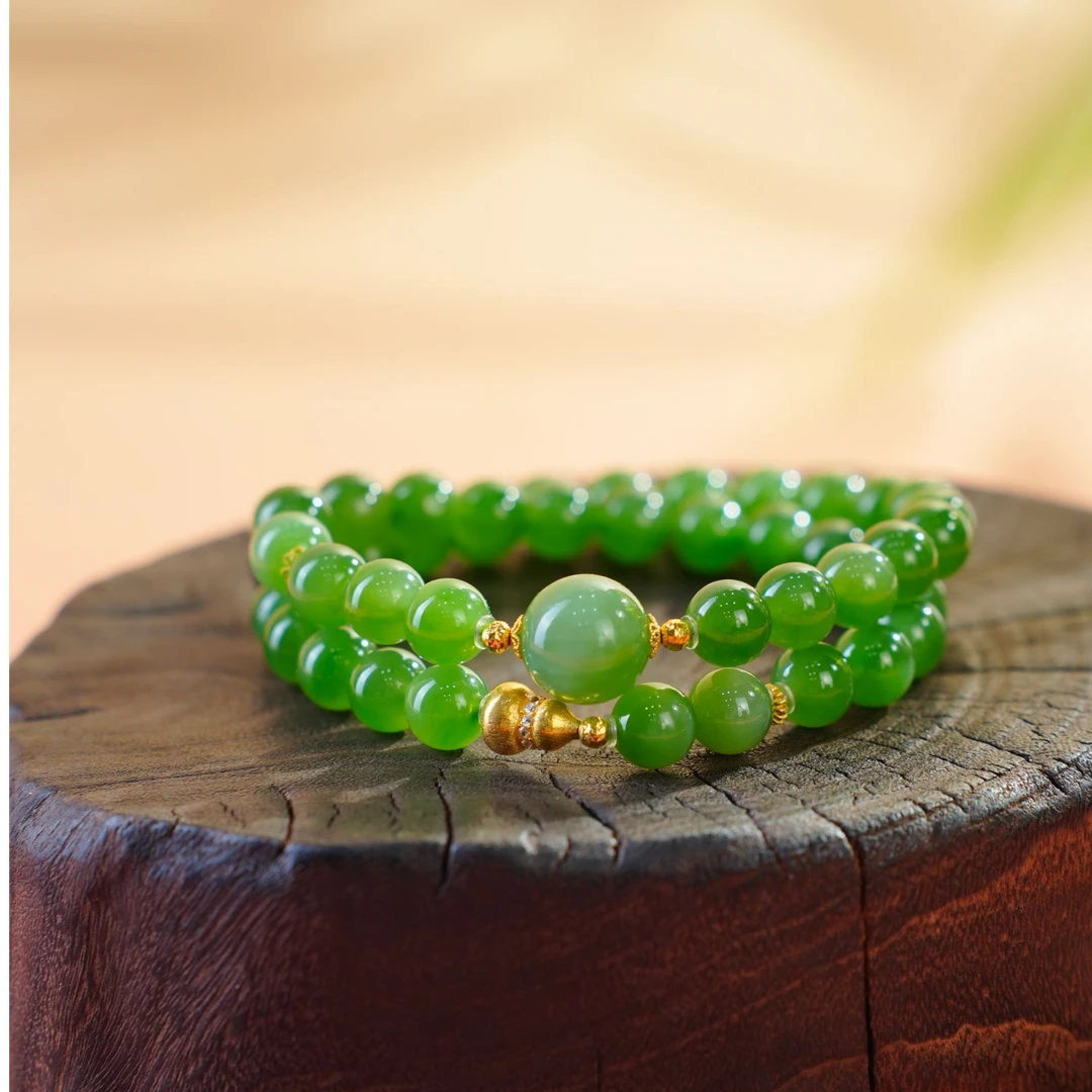 【壹芳珠宝】和田玉浓阳绿碧玉18k金镶葫芦双圈8mm