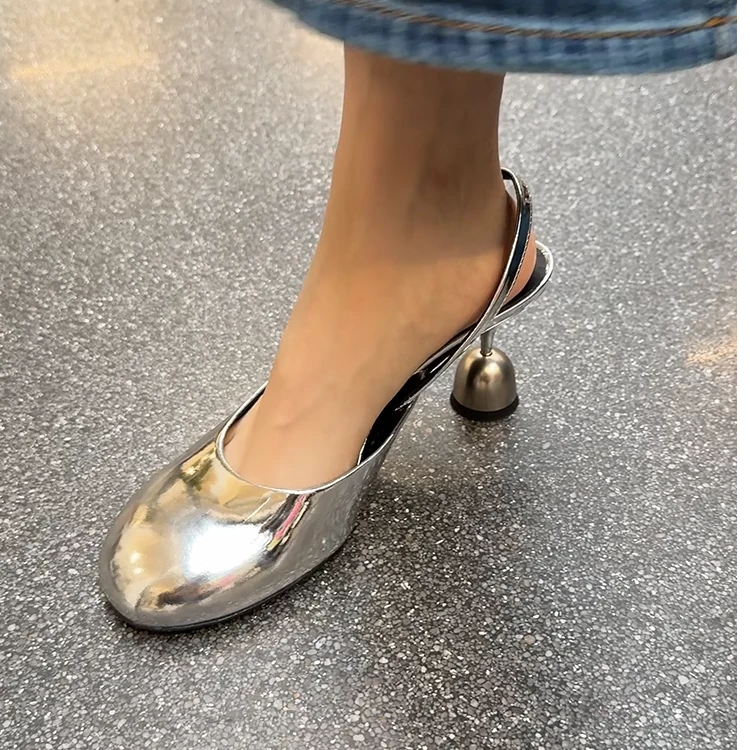 【小发猫】圆头银色高跟鞋女2025春夏新款小众设计细跟法式浅口单鞋