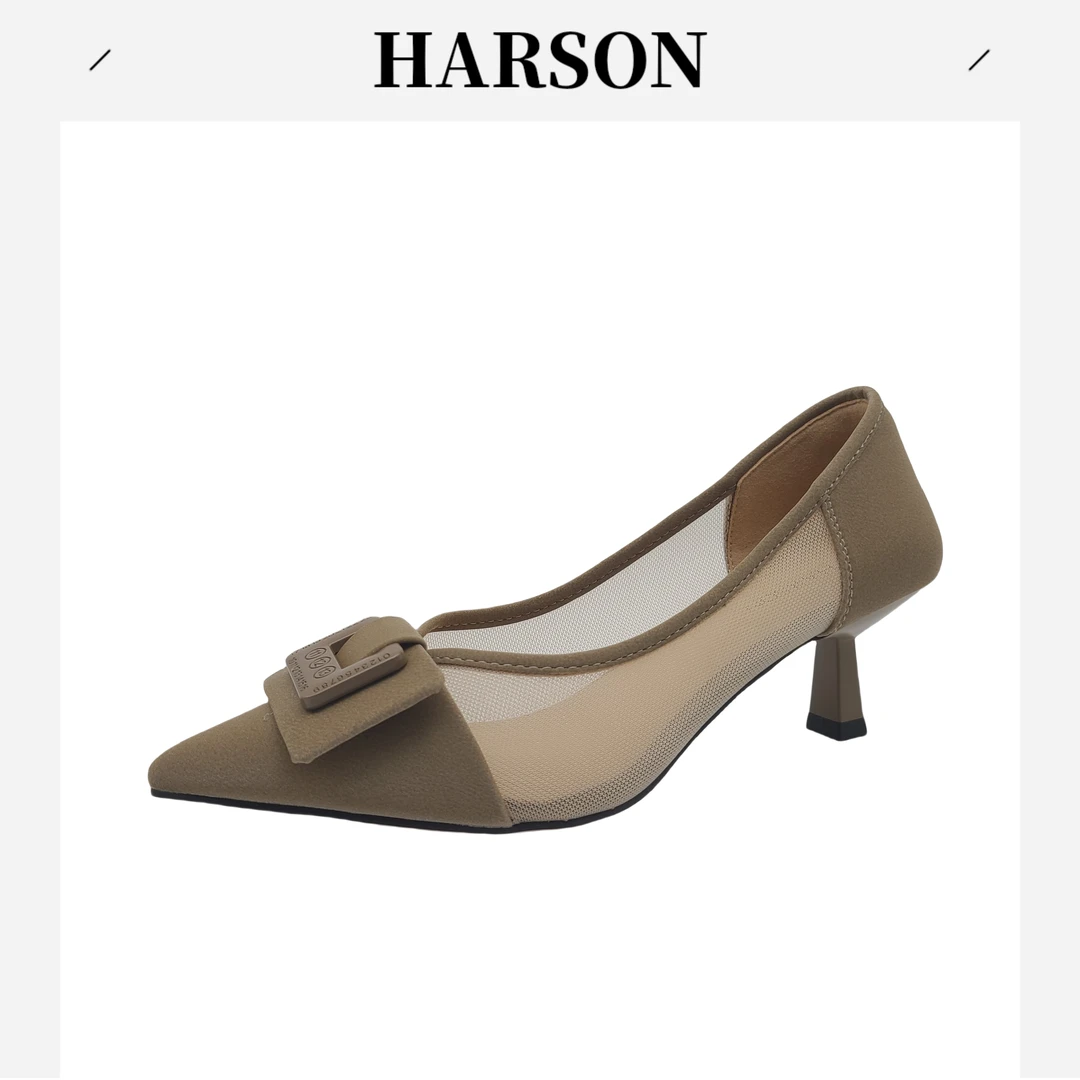 Harson/哈森尖头皮细跟高跟防水台单鞋跟鞋小香风浅口夏季240229