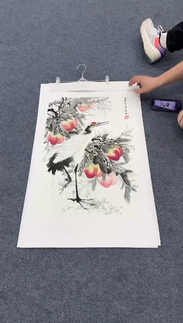 国画寿桃鹤手绘作品