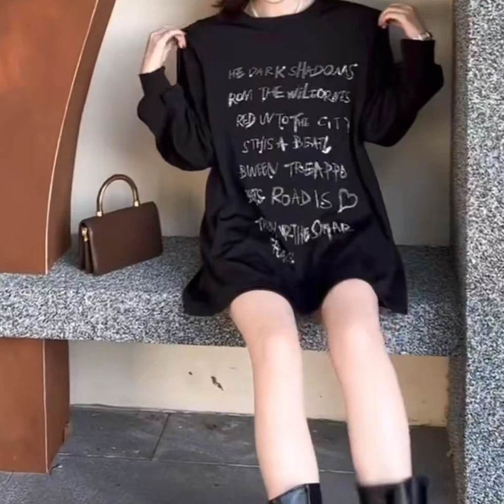 宽松显瘦时尚百搭圆领烫钻重工特体大码250可穿打底长款T桖9665