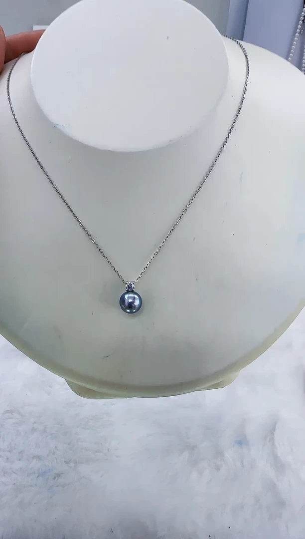 银S925镶嵌海水珍珠DA海水灰珠吊坠7-8 y463 {增链}