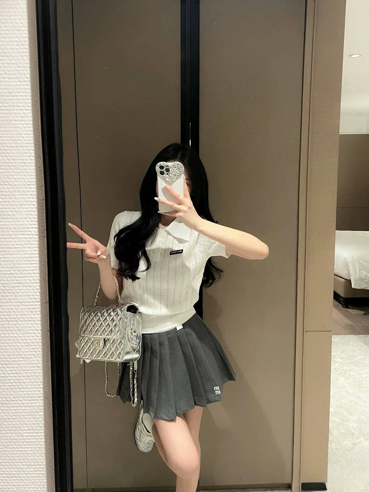 miu系学院风减龄POLO领针织上衣女夏新款气质百搭显瘦镂空短袖T恤