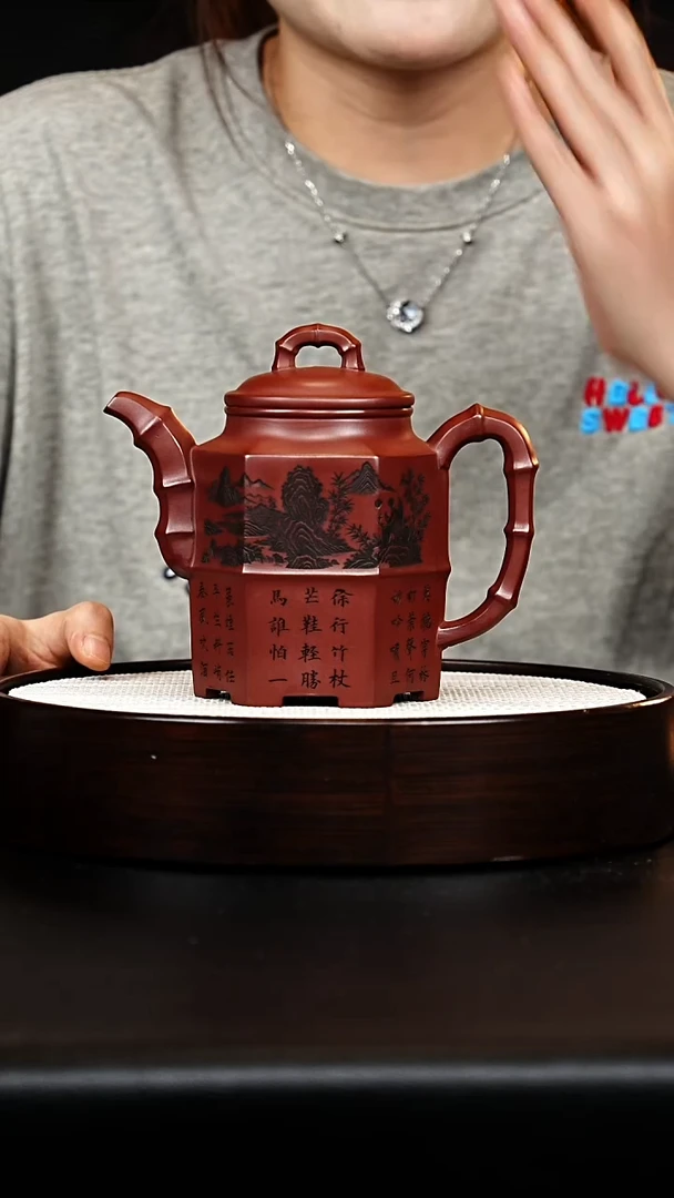 茶壶紫砂六方高竹节 龙血砂 陈忠平 h450