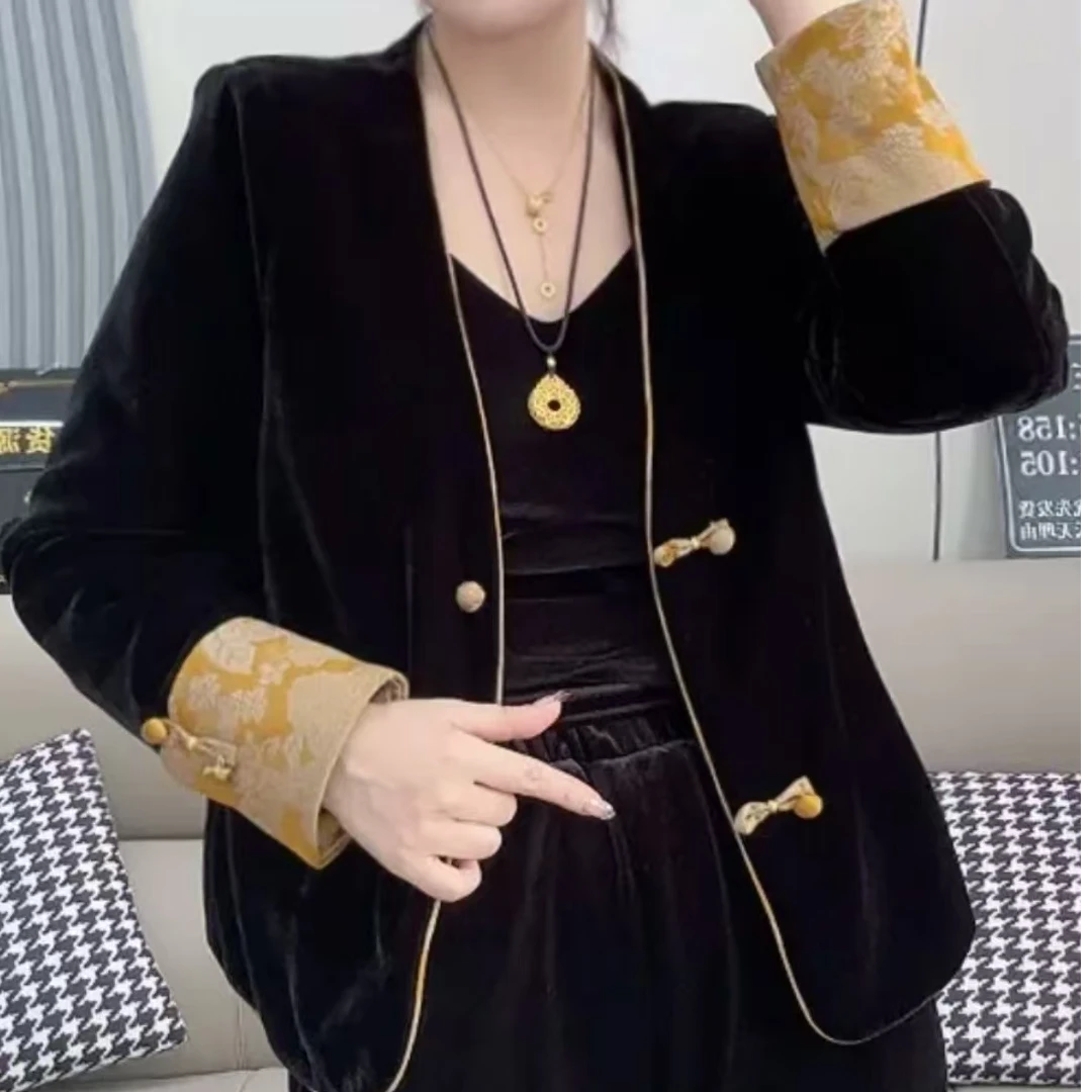 春季 新中式国风气质丝绒上衣外套复古宽松时尚百搭显瘦洋气ins