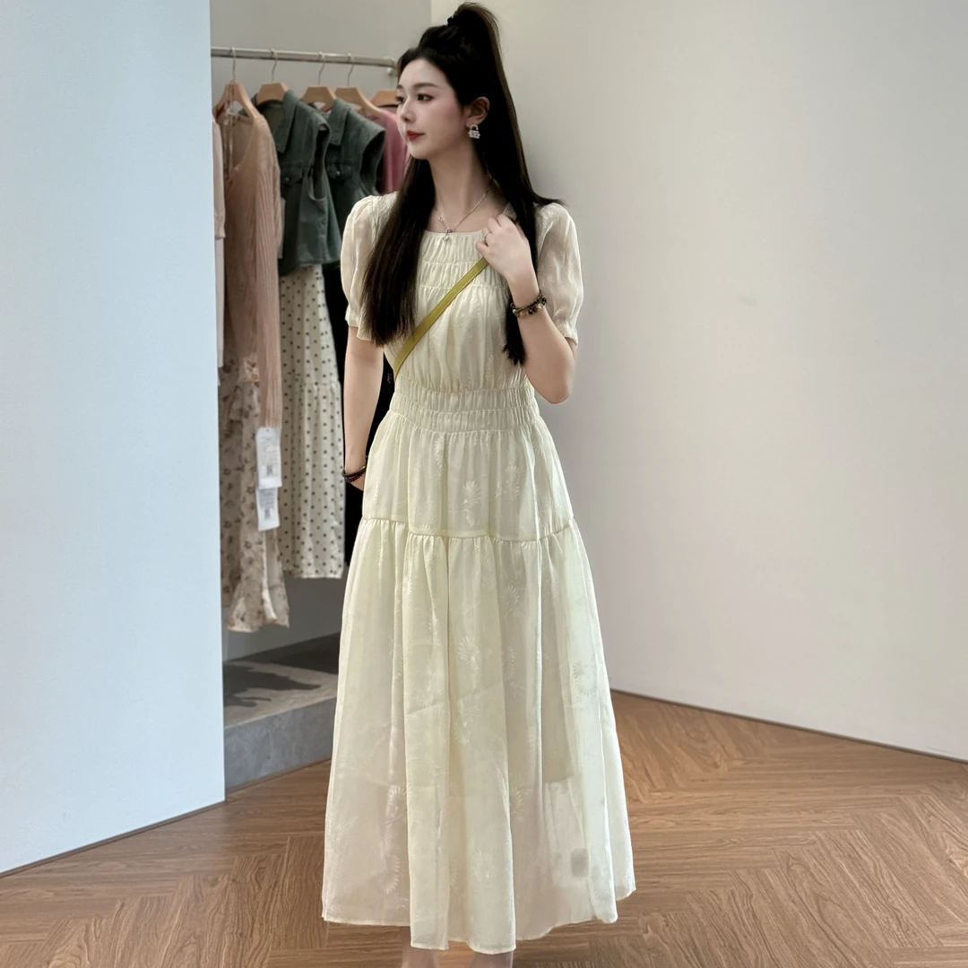 宿慕SUMU夏季短袖连衣裙2025新款气质显瘦千金收腰连衣裙长裙子