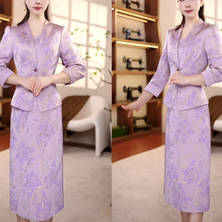 纾薇原创2025-SWC02初秋新款新中式国风紫金国风气质连衣裙两件套