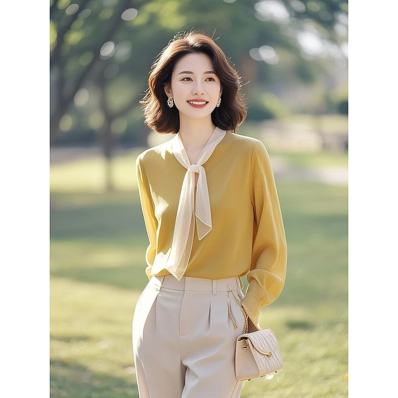 高级感超好看飘带黄色上衣女2025新款爆款今年流行漂亮小衫