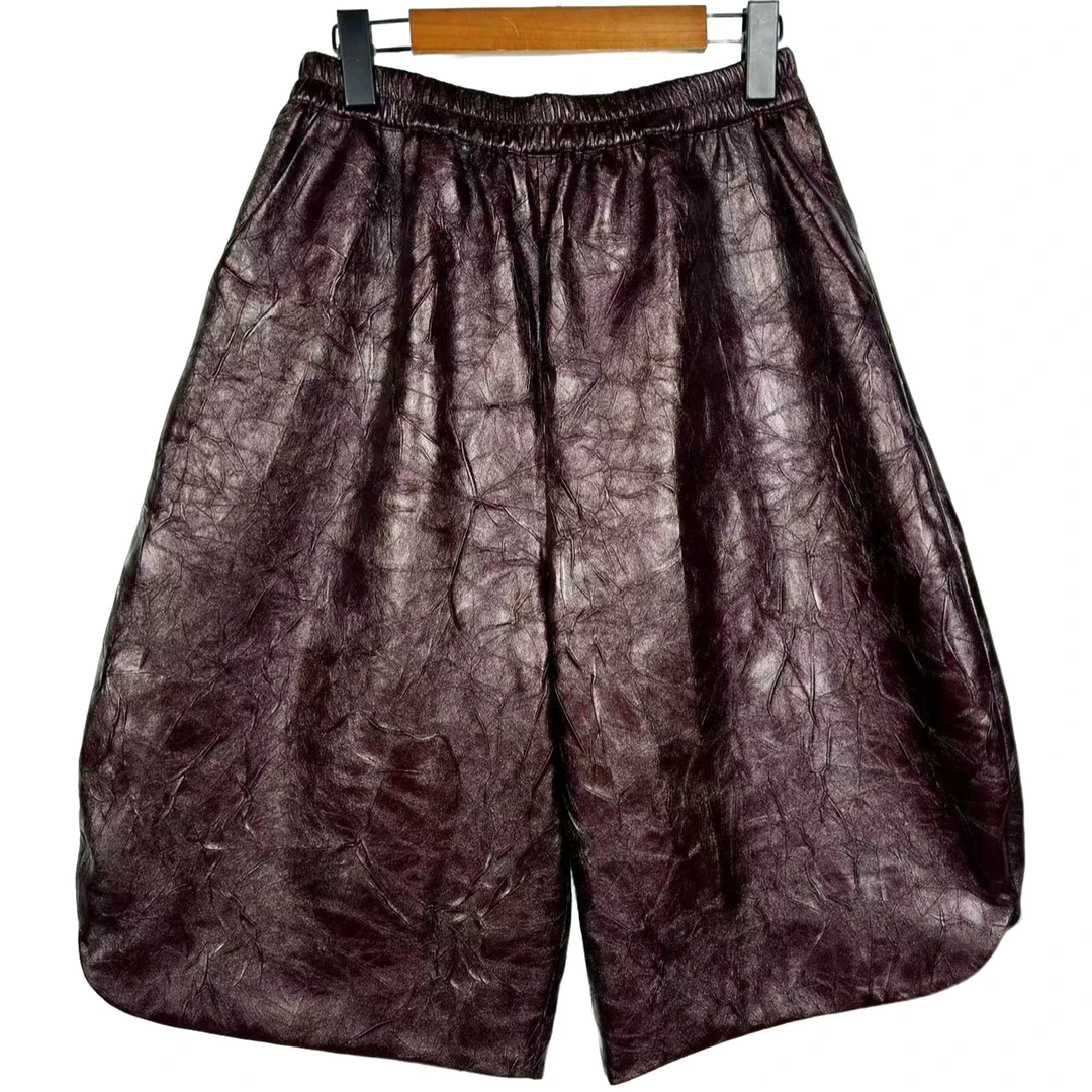 朱总原创设计3630新款褶皱皮质棉短裤