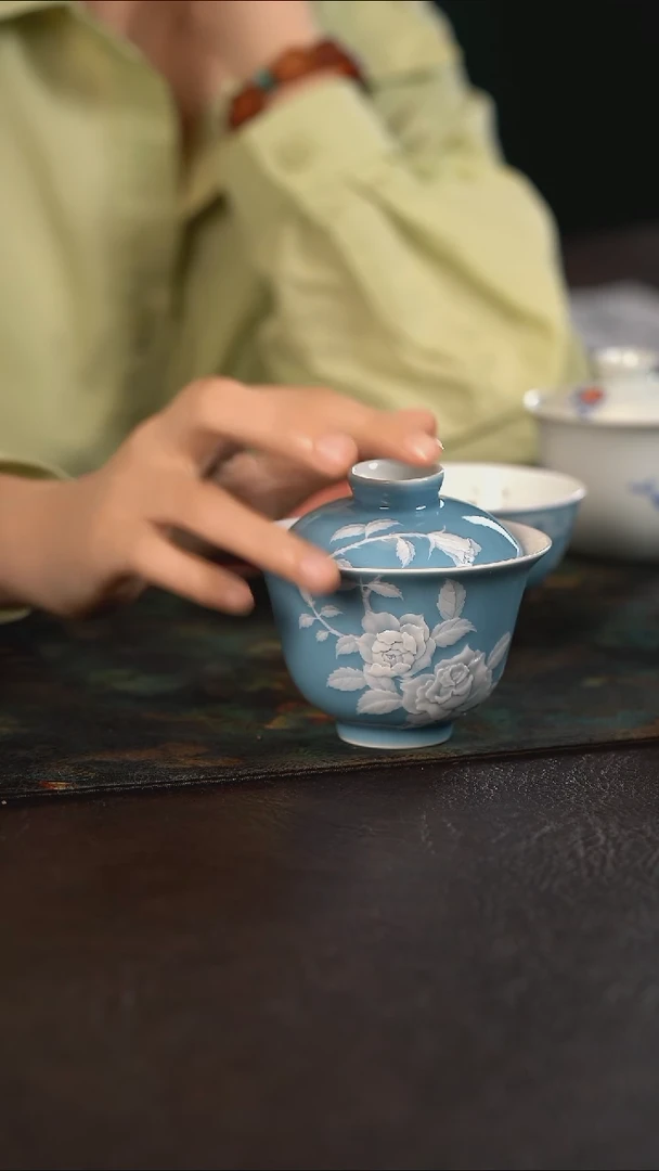 杯初蓝舍天青玫瑰盖碗