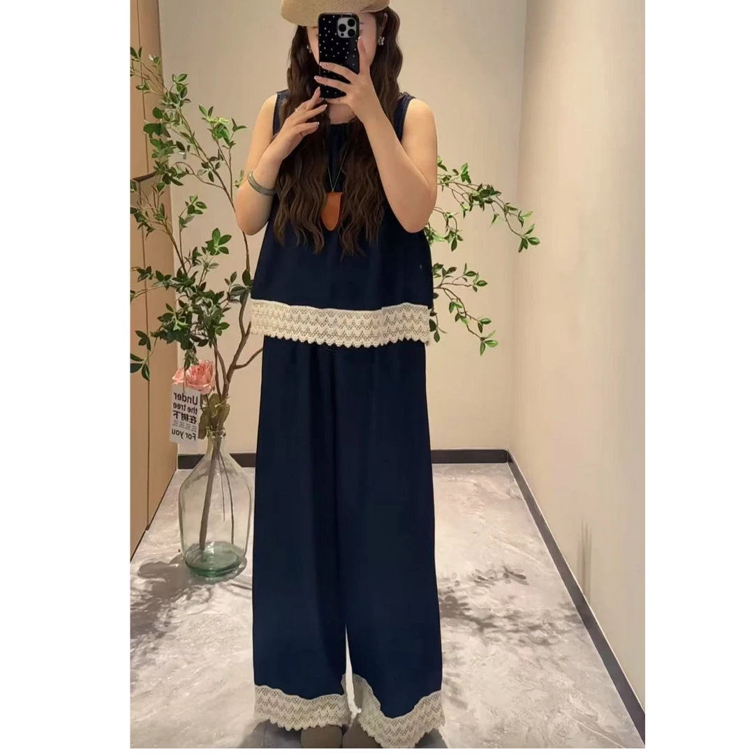 D2696夏季时尚韩版气质薄款拼接蕾丝背心+阔腿裤两件套装