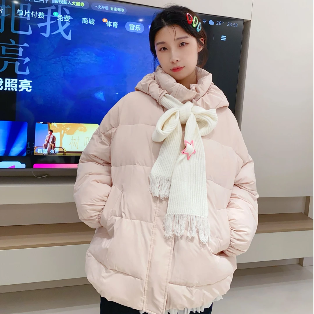 敲可爱棉服女2025棉衣冬季围巾领新款宽松加厚连帽短款面包外套潮