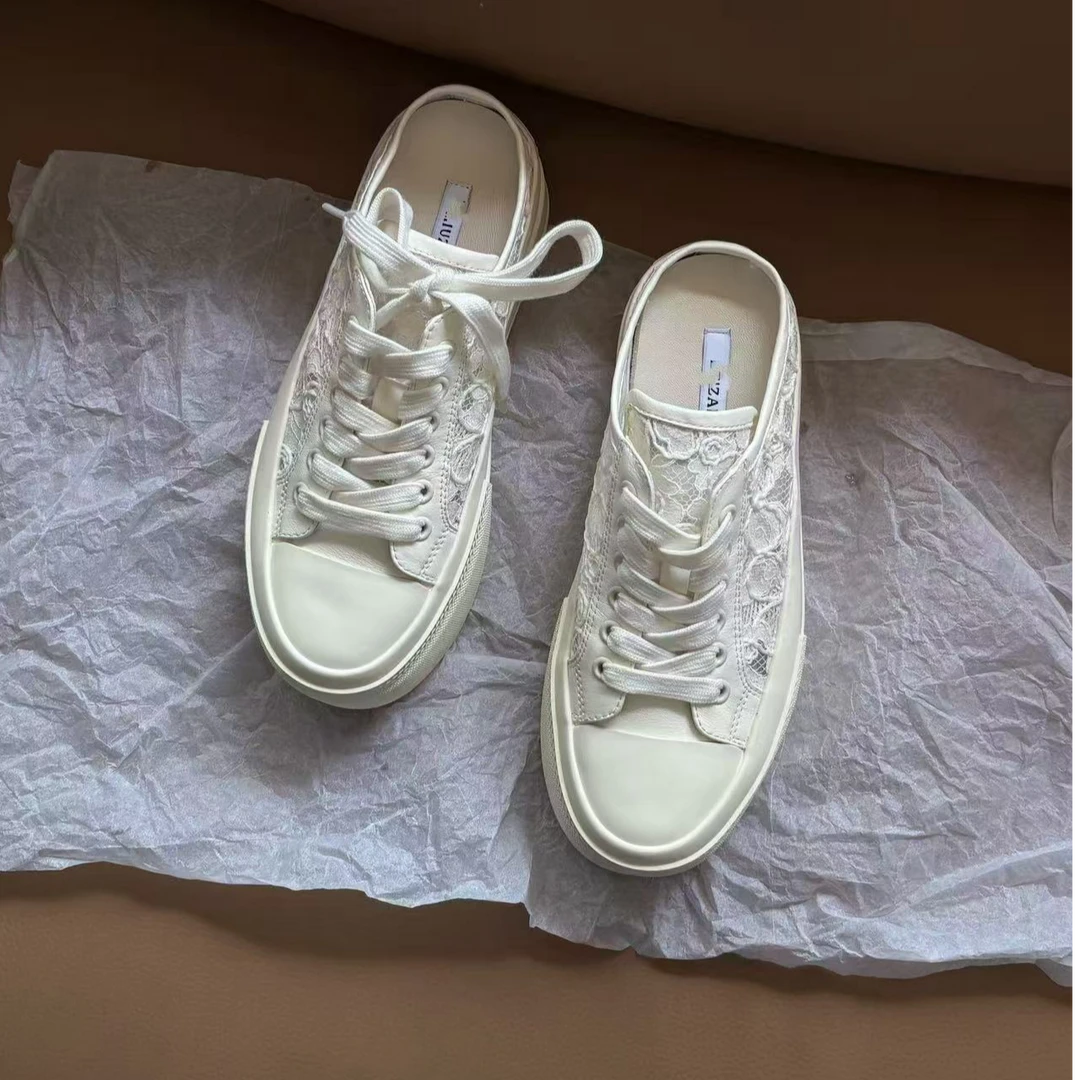 2025新品增高6厘米轻奢休闲百搭蕾丝拼接镂空设计感小白鞋懒人拖