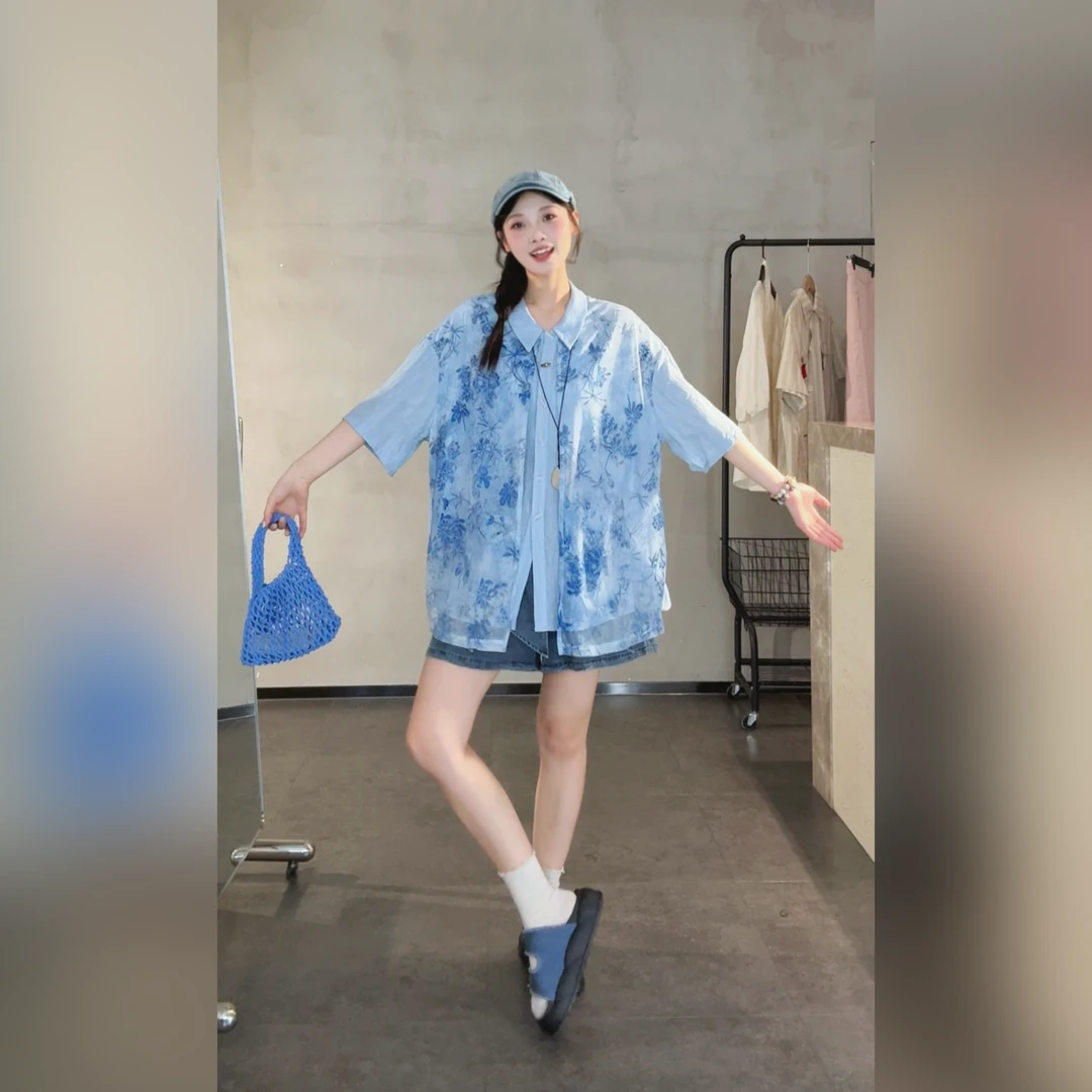 VGVL衬衫【竹影】夏季新款拼纱植绒假两件小众感衬衫