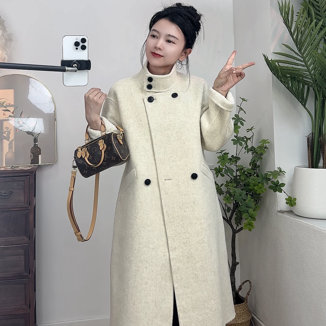 5516 韩版宽松气质百搭双排扣立领时尚秋冬长款加厚双面羊毛大衣