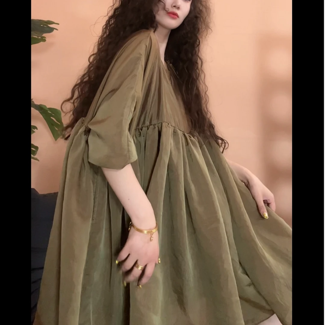 museguhui/木色古汇2019#纯色休闲时尚百搭宽松舒适小众连衣裙