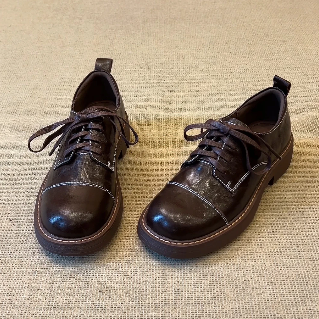 RubyL/4cm复古设计感通勤百搭系带舒适圆头中口粗跟厚底单鞋女款