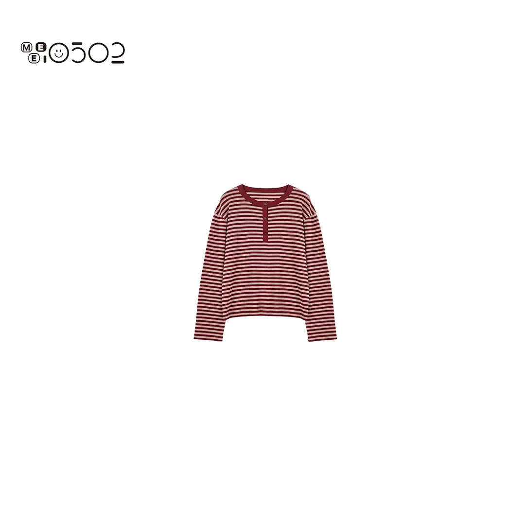 MEI0502 复古红白条纹长袖T 2509231