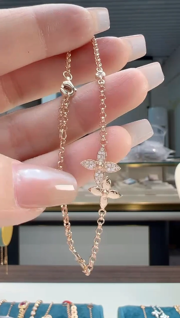 【闪购商品】钻石手链18K金镶嵌满钻老花手链K红