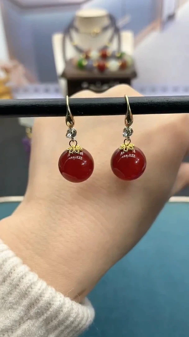 【闪购商品】南红玛瑙耳饰银S925镶嵌14mm南红高跟
