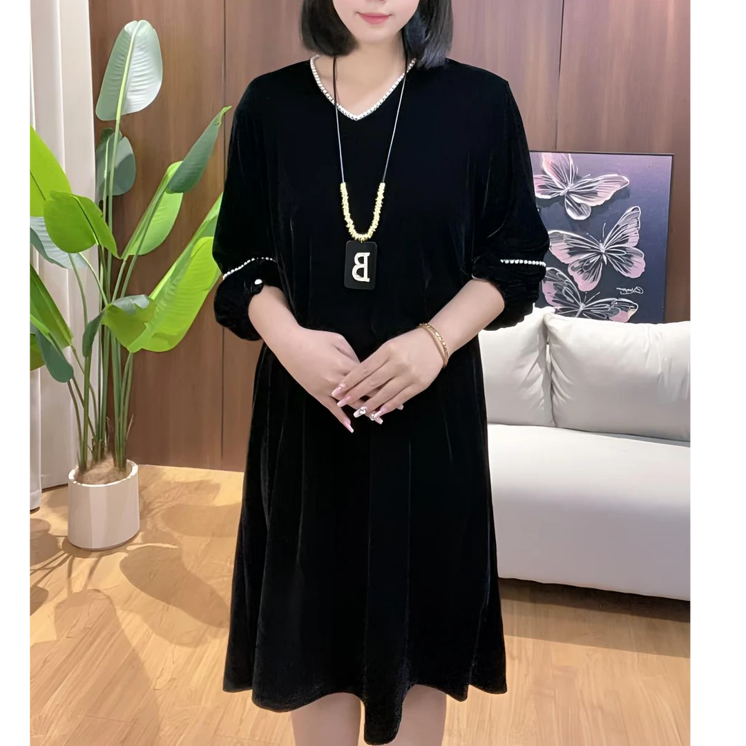 KAI胖MM显瘦秋季V领宽松天丝丝绒裙灯笼袖中长裙常规七分袖连衣裙