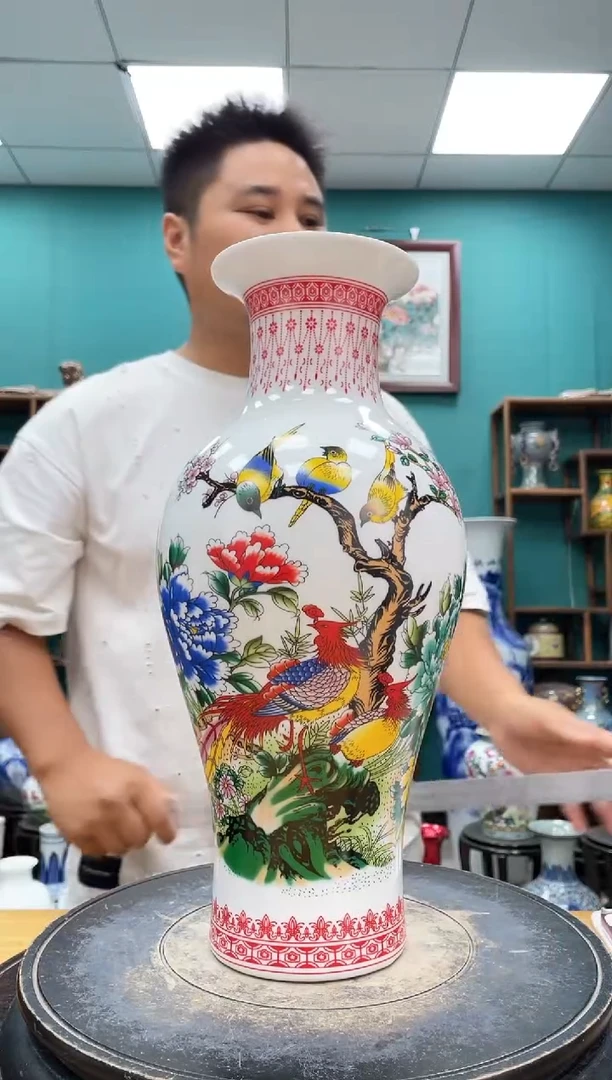 摆件牡丹双凤鱼尾陶瓷摆件
