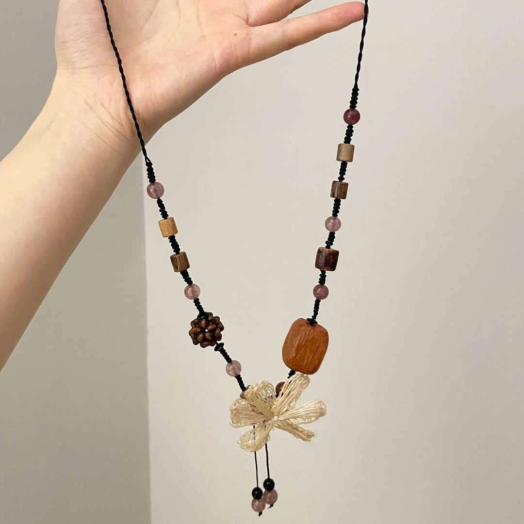 非金属布艺项链 手工编织复古长款花朵项链女新中式锁骨链毛衣链