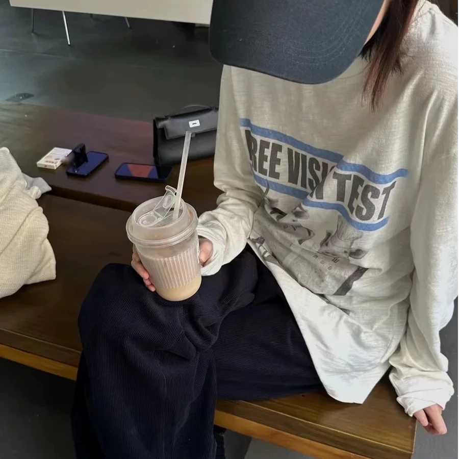 【小猪视力表长袖】T恤25春夏新款韩版透气宽松长袖打底衫女上衣