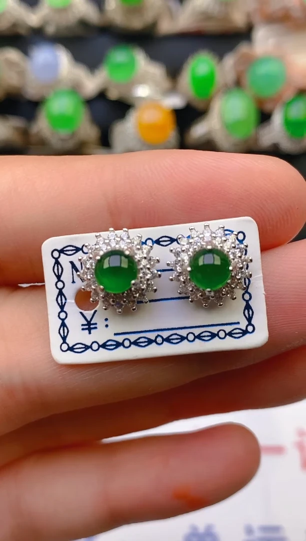 翡翠银S925镶嵌耳饰天然