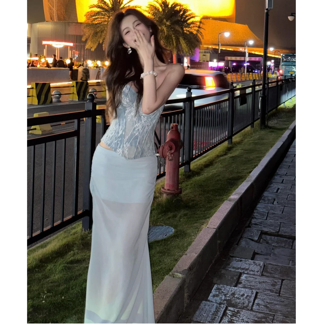 御姐风气质蕾丝外穿抹胸背心女辣妹性感包臀网纱鱼尾半身裙两件套