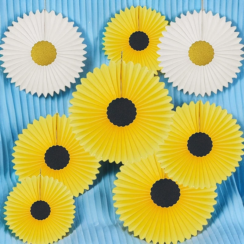 跨境8把蜂窝纸扇花装饰套装 向日葵主题派对用品 纸扇花背景装饰