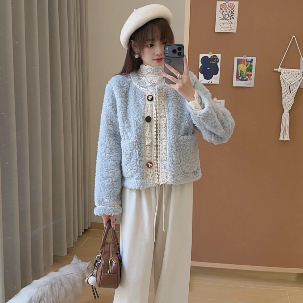 西米家【海洋之星】小个子温柔风蕾丝拼接羊羔毛短外套显瘦外套