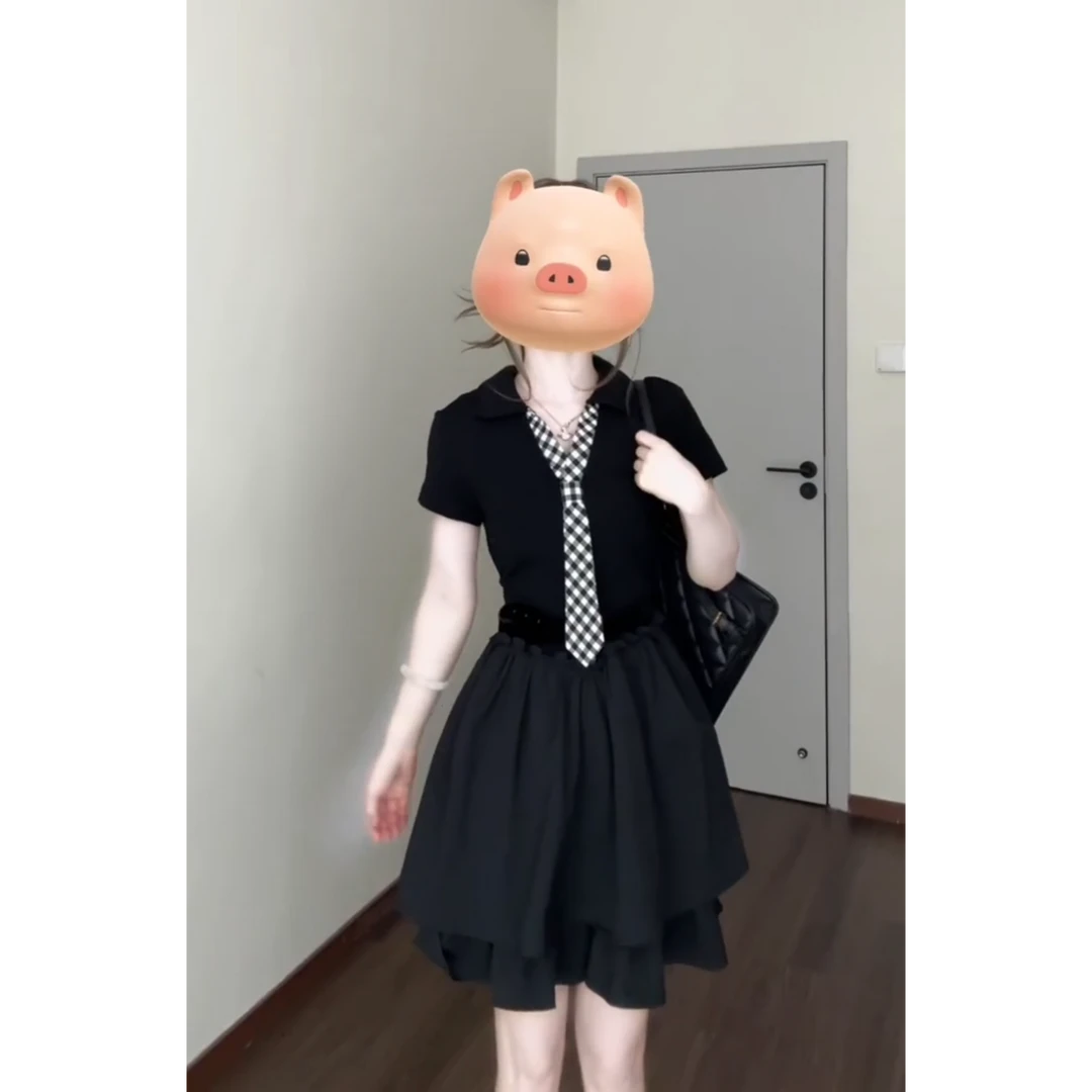 parkyeon学院风格纹领带短袖连衣裙女夏季小个子收腰蓬蓬小黑裙