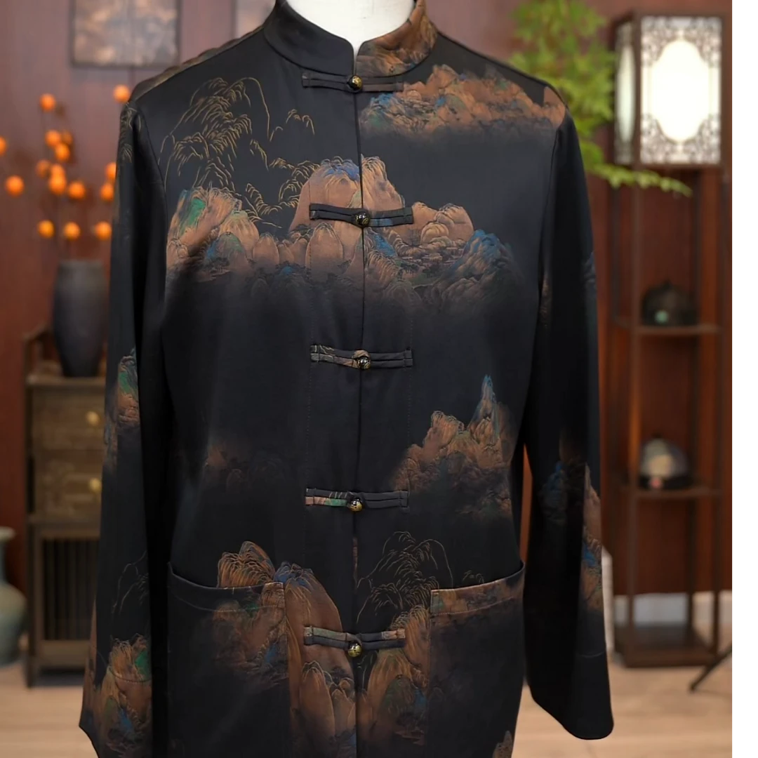 2025春秋季外套香云纱男装墨色锦山重锻男士长袖上衣 新中式唐装