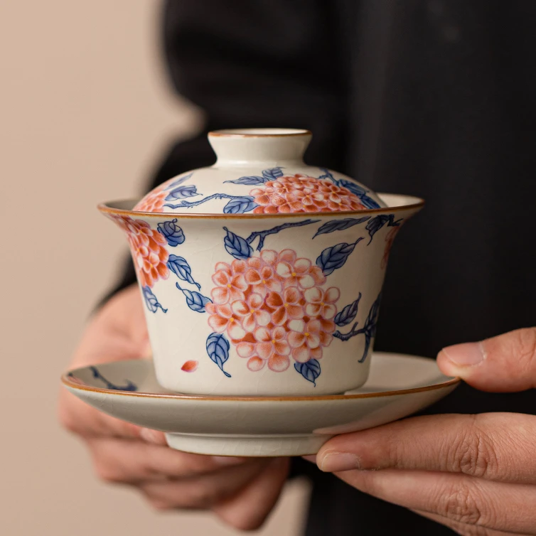 米黄汝窑绣球花三才盖碗高档功夫茶具汝窑可悬停防烫泡茶碗个人