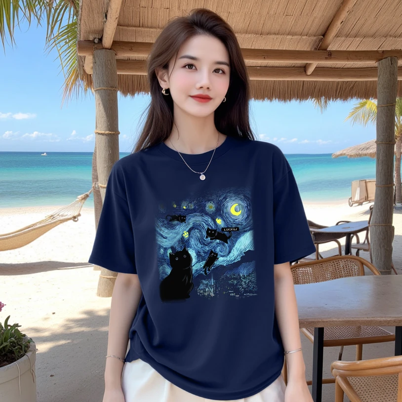 李西西【梵高与猫】纯棉宽松短袖T恤印花圆领时尚休闲百搭上衣