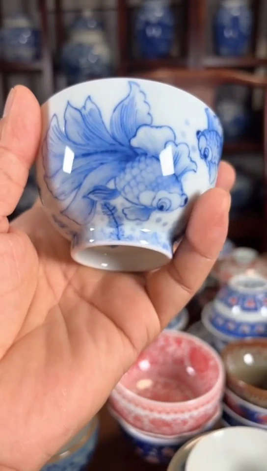 柴窑金鱼杯杯字画一体杯