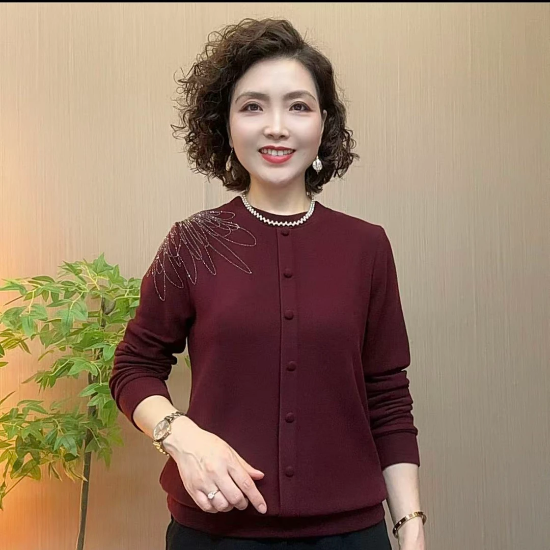 秋季中老年妈妈装宽松洋气气质流光风纯色保暖烫钻女士长袖打底衫