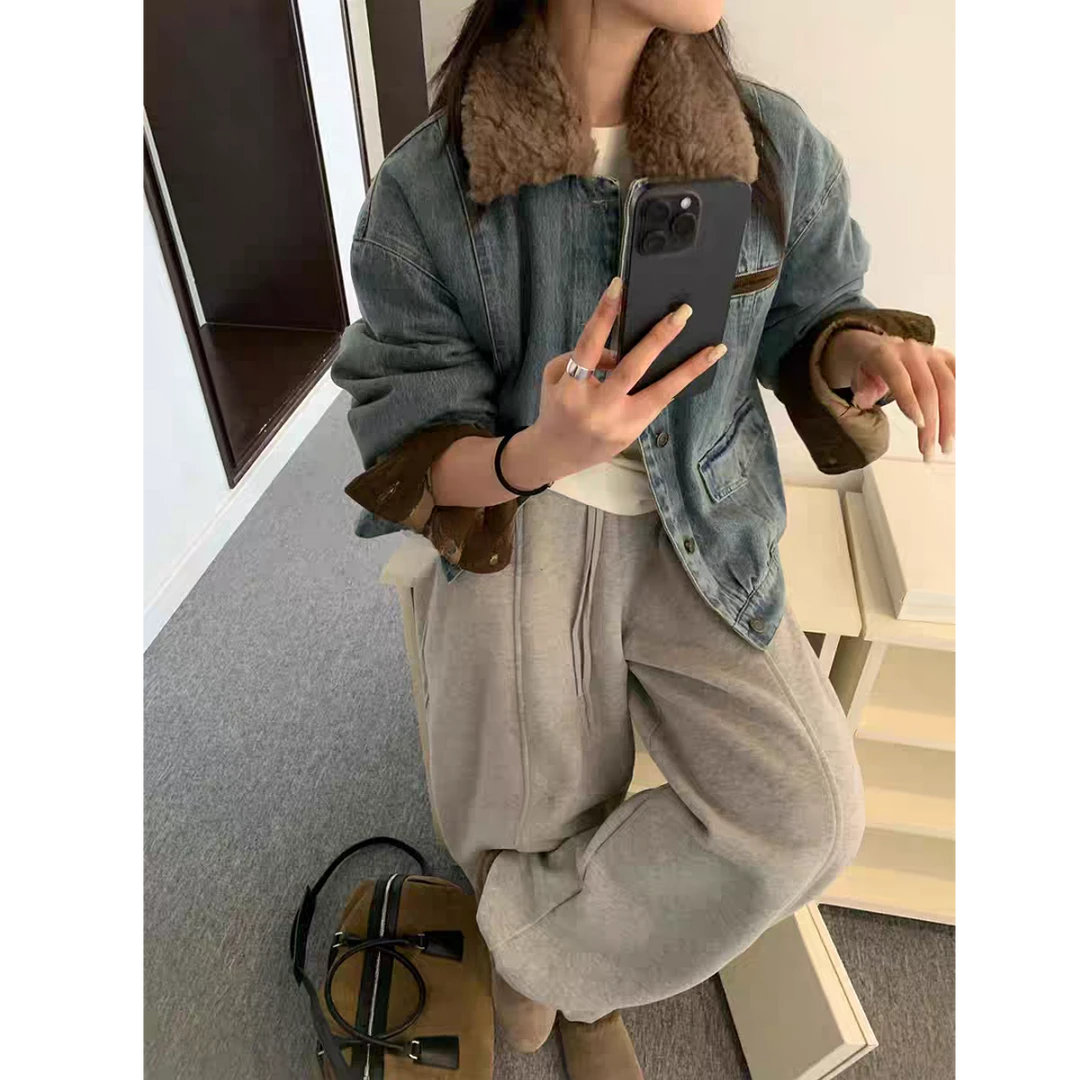 【MY SHAN】新款欧货宽松百搭显瘦羊毛翻领90白鸭绒牛仔羽绒服9770