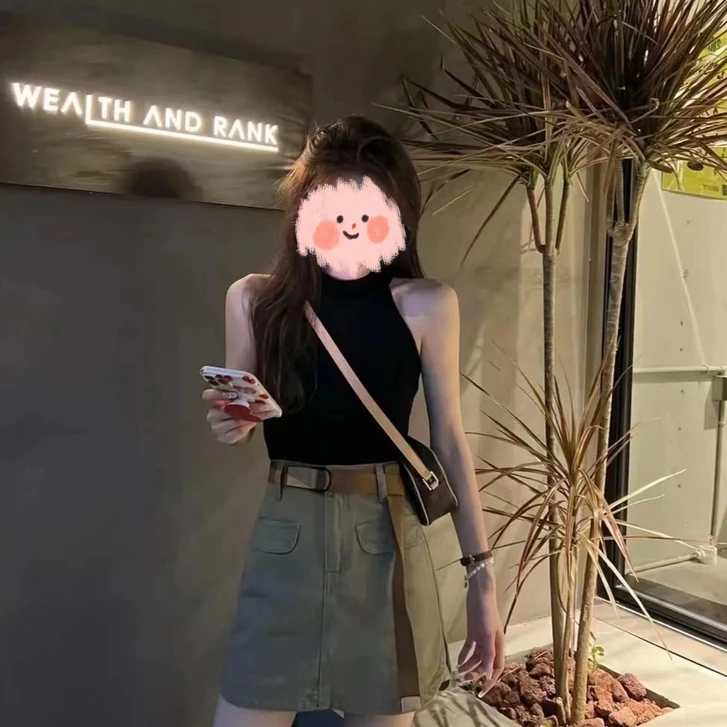 2025新款网红时尚气质辣妹无袖挂脖上衣+半城繁华轻熟风裤裙女