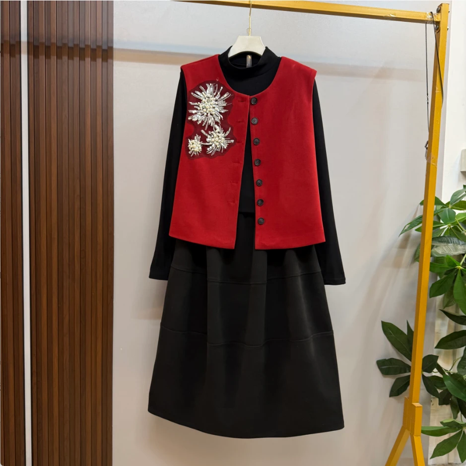 大码新款时尚气质简约静奢风单排扣设计优雅显瘦三件套