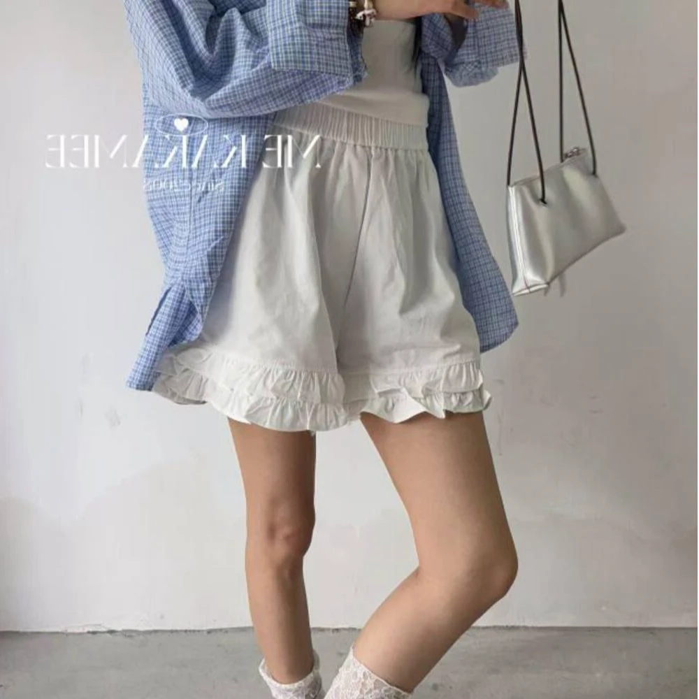 特大码300斤韩系木耳边短裤女夏季花苞休闲少女感松紧腰花边裤子