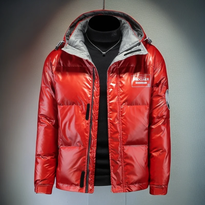 维斯克纳羽绒服男装冬季新款亮面保暖连帽白鸭绒加厚休闲大码外套