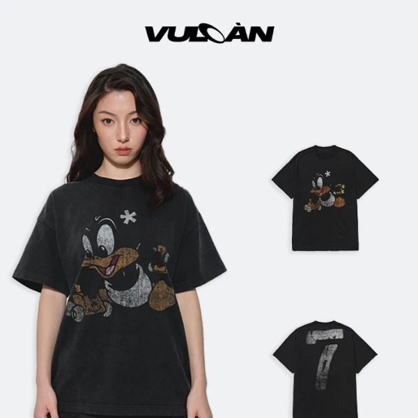 VULCAN做旧童趣男装鸭子印花复古美式国潮情侣宽松短袖小领口TEE