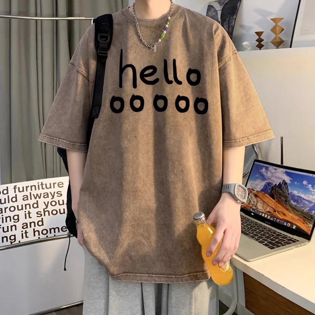 美式简约情侣潮牌纯棉短袖T恤男女同款宽松百搭印花复古做旧体恤