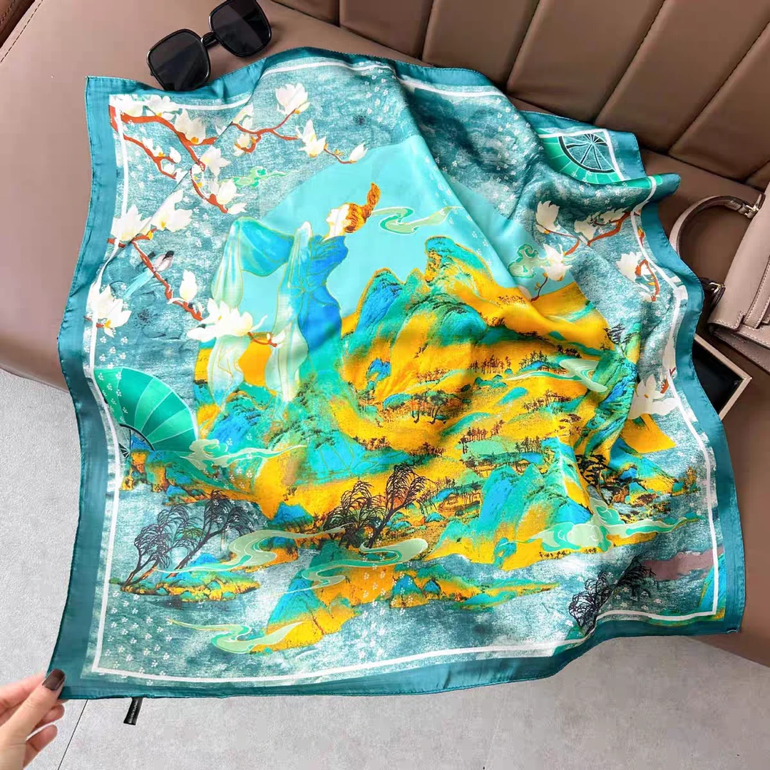 M3- 70*70cm丝巾系脖高级感花卉色荷花围巾方巾小披肩