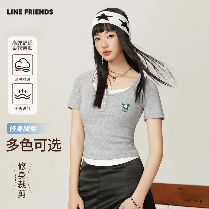 LINEFRIENDS灰色短袖t恤女2025新夏季小个子u领运动短款假两件上