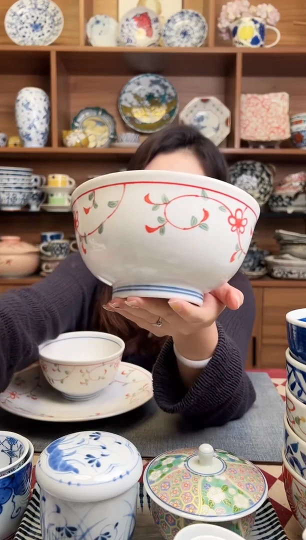 瓷片花赤绘 16cm井型面碗