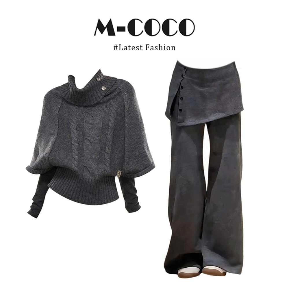 INS CEC慵懒风套头高领设计感针织毛衣修身内搭假两件裤子套装