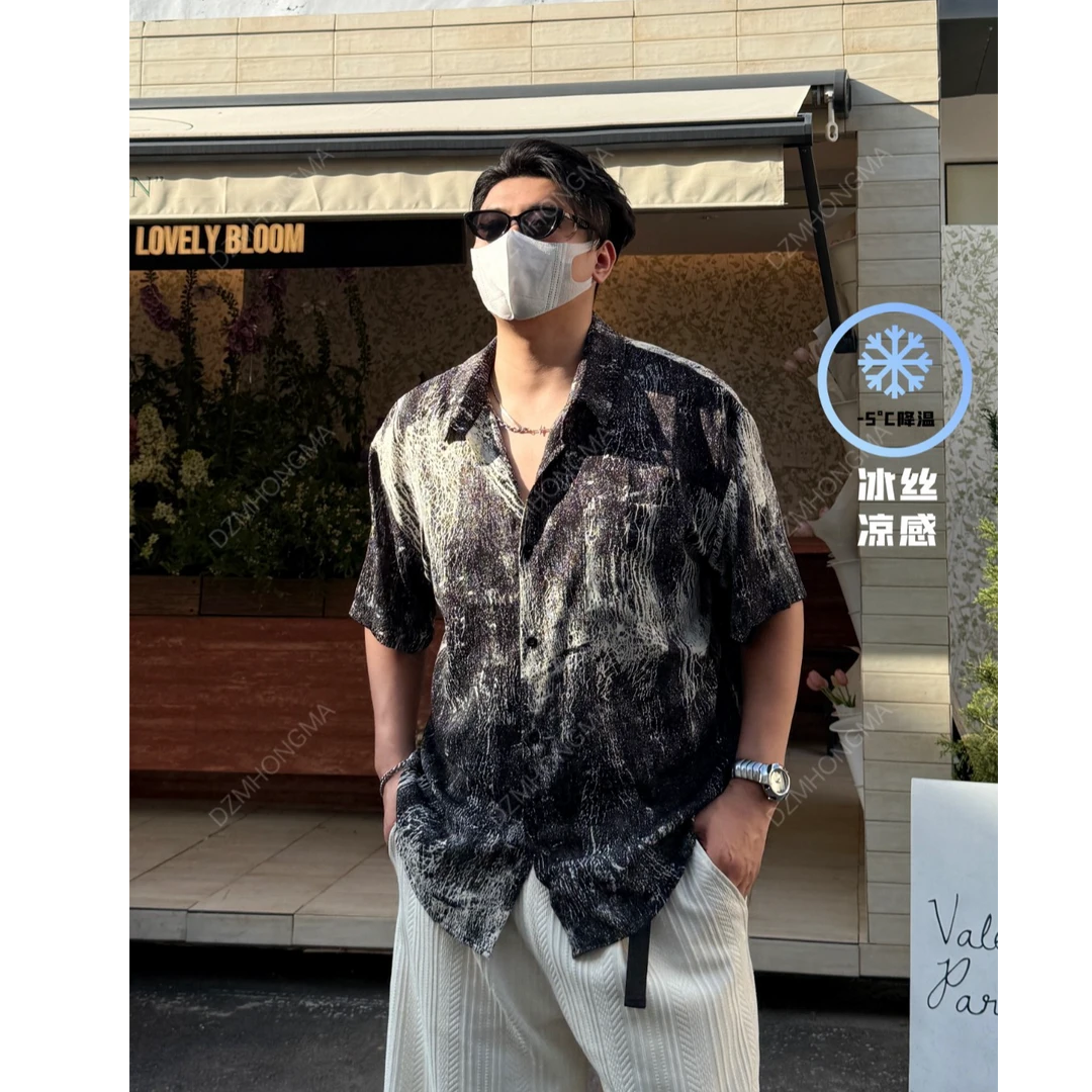 【大重码】夏季冰丝感痞帅凉感亲肤薄款宽松潮流港风上衣休闲衬衫
